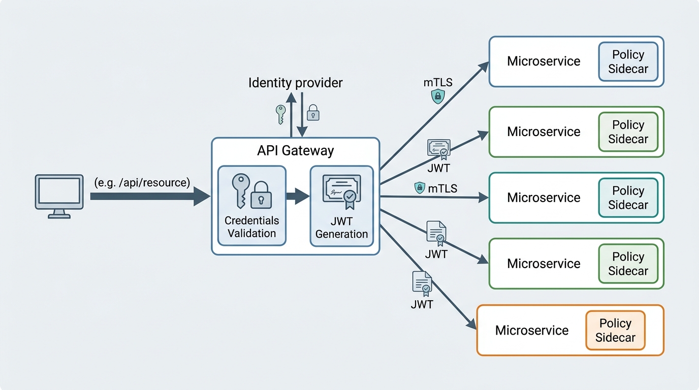 A technical diagram illustrating trust boundaries, API gateway token translation, and mTLS communication between microservices.
