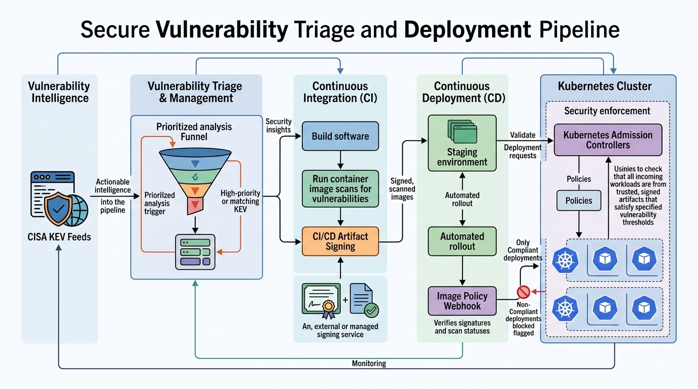 An architectural diagram illustrating the secure vulnerability triage and deployment pipeline, showing the integration of CISA KEV feeds, CI/CD artifact signing, and Kubernetes admission controllers.