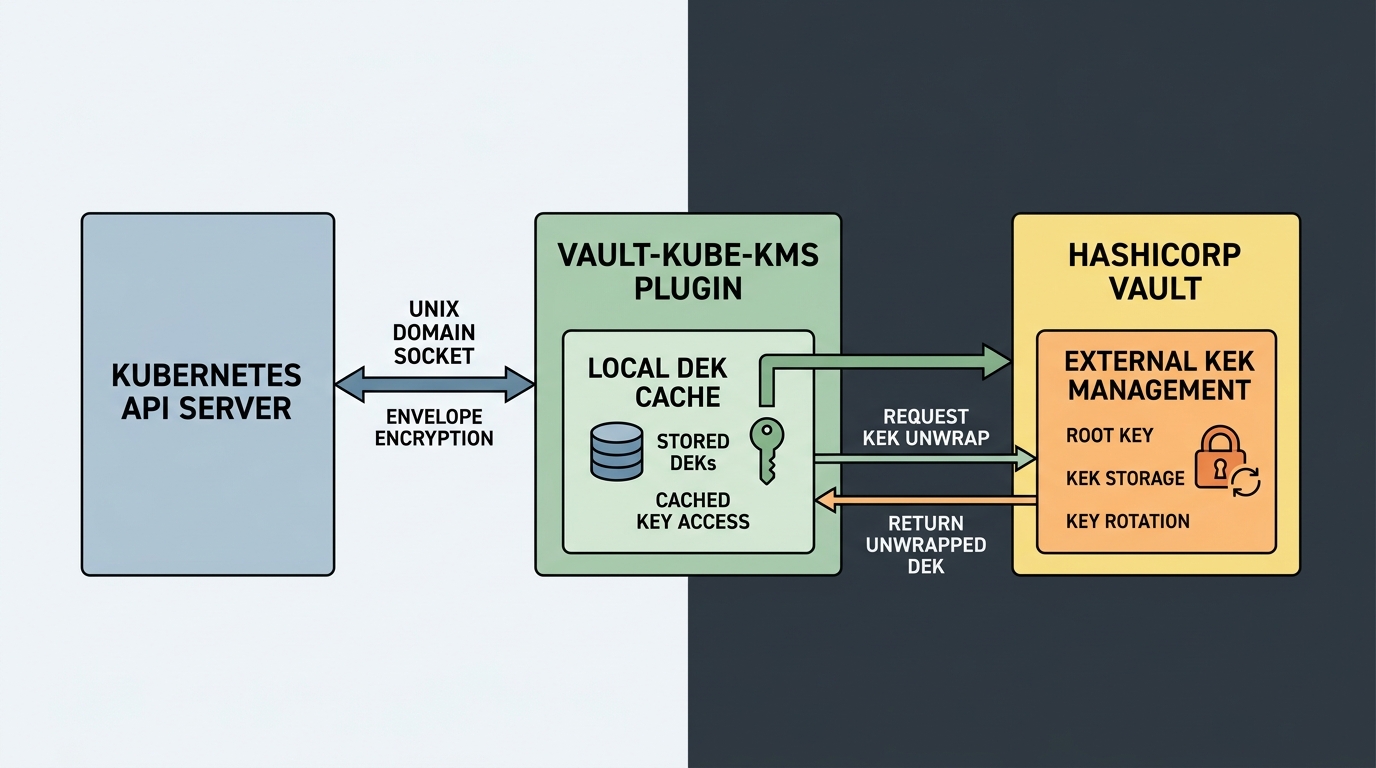 Architecture diagram illustrating the Kubernetes API server communicating with the vault-kube-kms plugin via a Unix domain socket, which in turn interacts with HashiCorp Vault for envelope encryption.