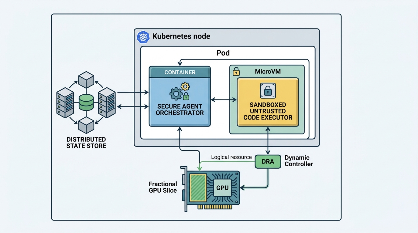 Architecture diagram illustrating the split-plane design of a stateful AI agent on Kubernetes, separating the secure orchestrator from the sandboxed untrusted code execution environment.