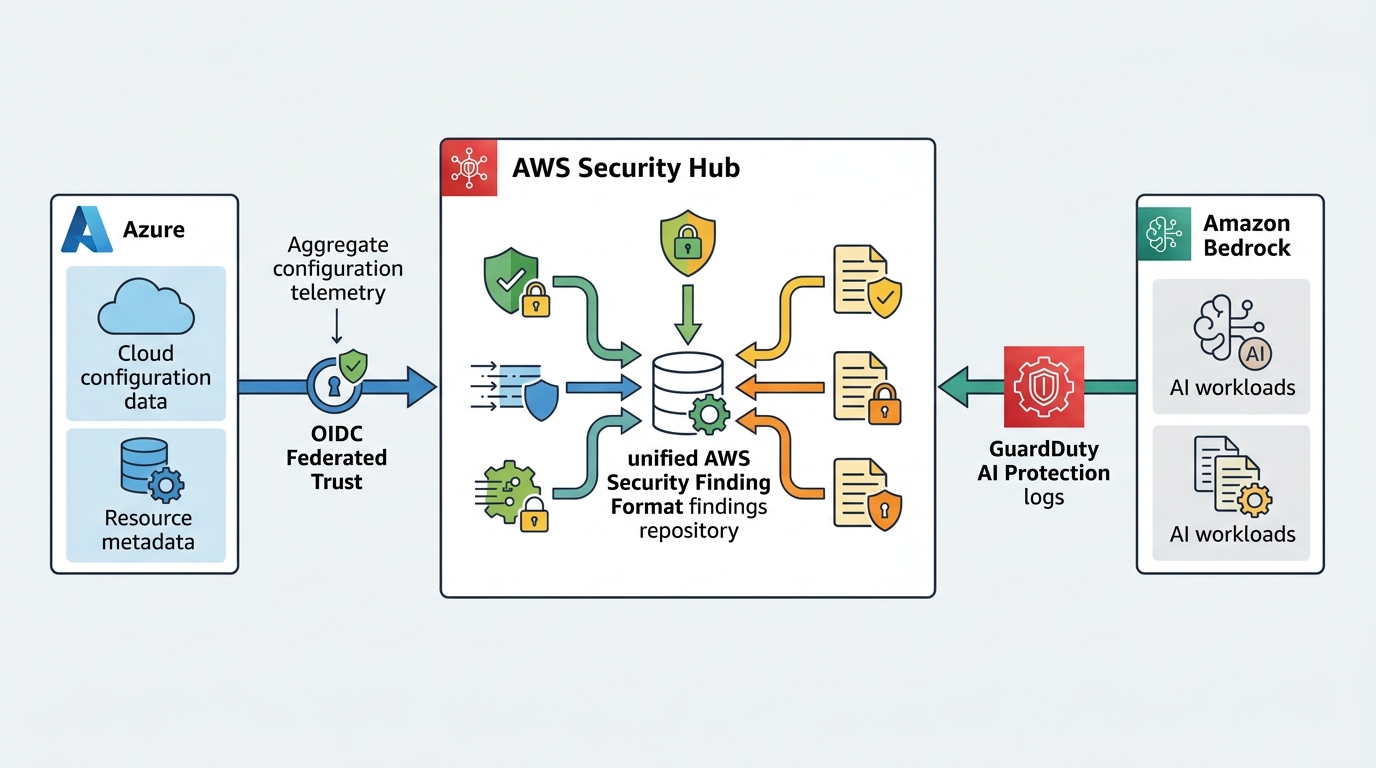 Architecture diagram illustrating AWS Security Hub natively ingesting Azure security telemetry via OIDC trust and aggregating GuardDuty AI findings.