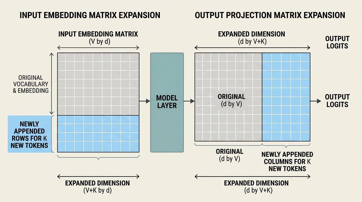 Architecture diagram illustrating the expansion of the Input Embedding Matrix and Output Projection Matrix from size V to V plus K.