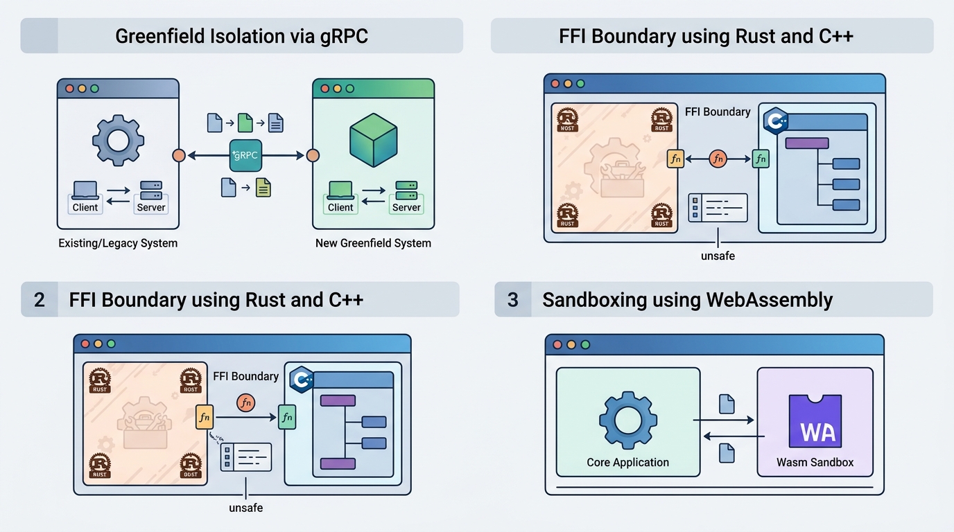 A technical architecture diagram illustrating three migration patterns: Greenfield Isolation via gRPC, FFI Boundary using Rust and C++, and Sandboxing using WebAssembly.