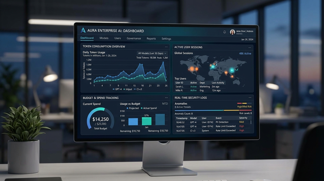 Corporate security operations dashboard displaying real-time telemetry, model usage metrics, and spend caps for AI coding agents.