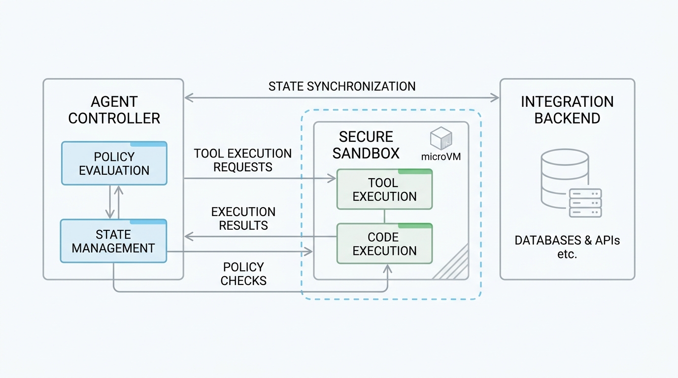 A technical architecture diagram showing the components of OpenAI Presence, illustrating the trust boundaries between the Agent Controller, secure sandboxed microVMs, and integration backends.
