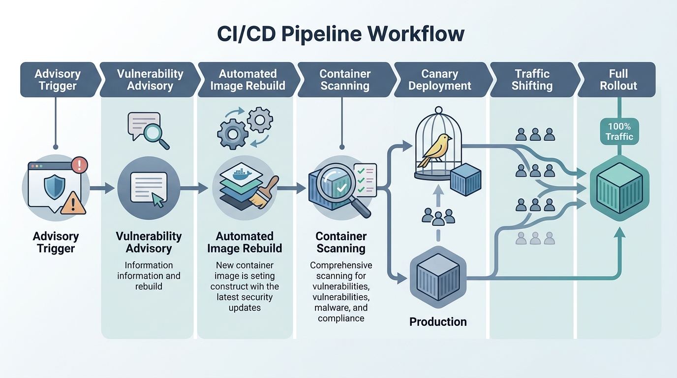 A technical workflow diagram illustrating an automated vulnerability patching pipeline for an API gateway.