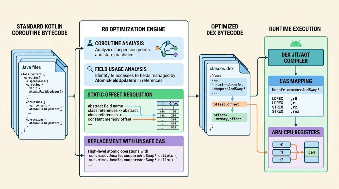 A technical architecture diagram showing the R8 compilation pipeline transforming Kotlin Coroutine bytecode with AtomicFieldUpdaters into optimized DEX bytecode using direct sun.misc.Unsafe calls.