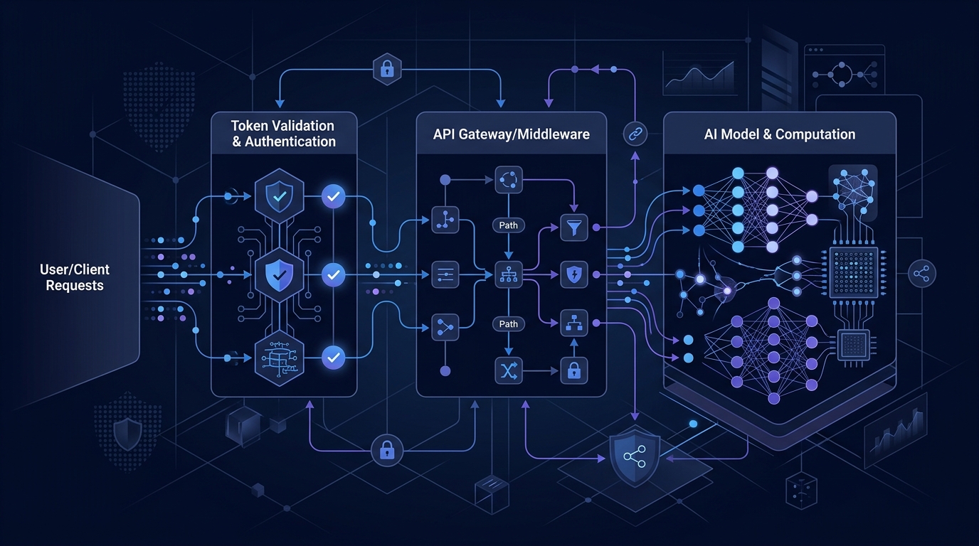 A diagram illustrating the dynamic flow of an AI agent securely invoking APIs with context-aware validation.
