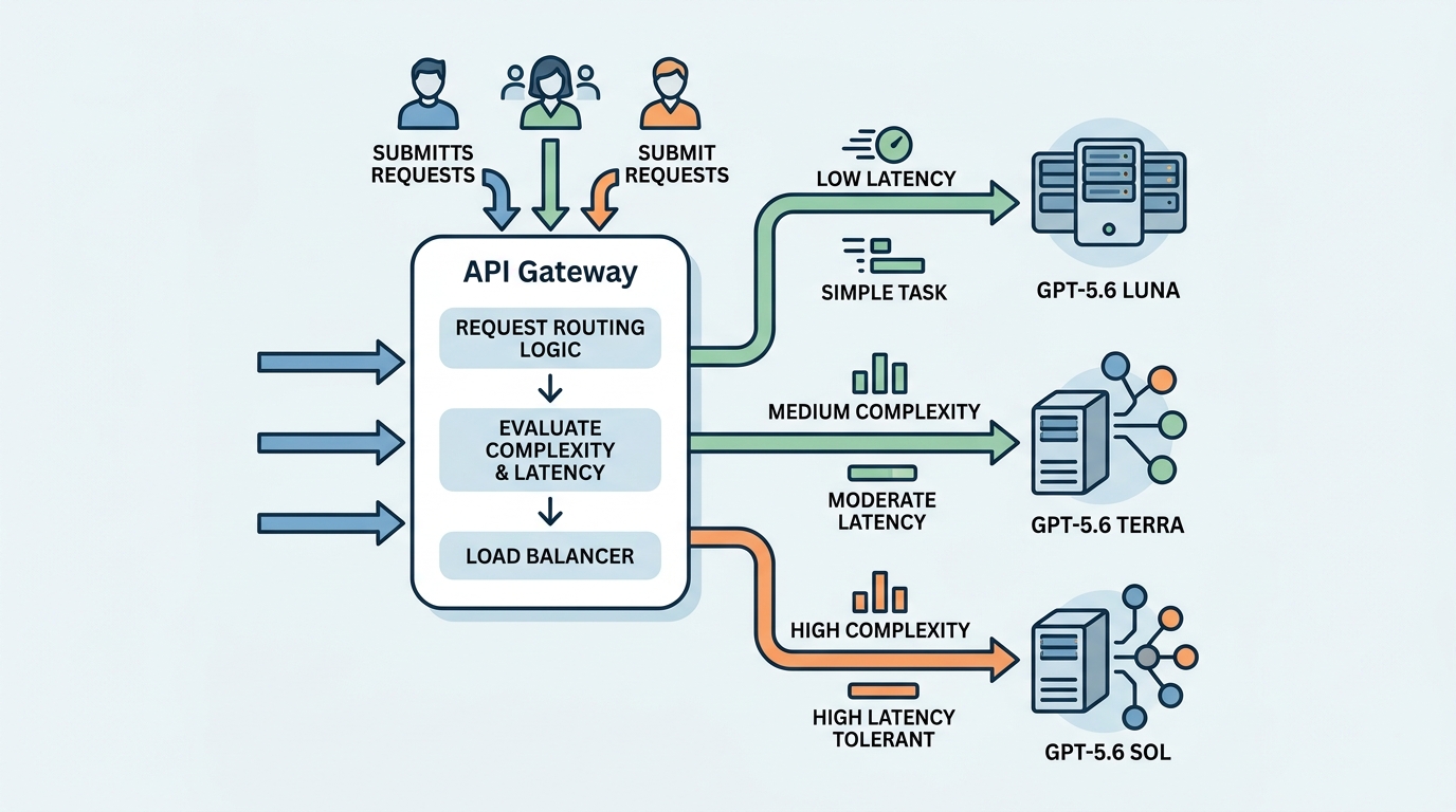 A system diagram showing client requests routing through a fallback logic layer to either Sol, Terra, or Luna models.
